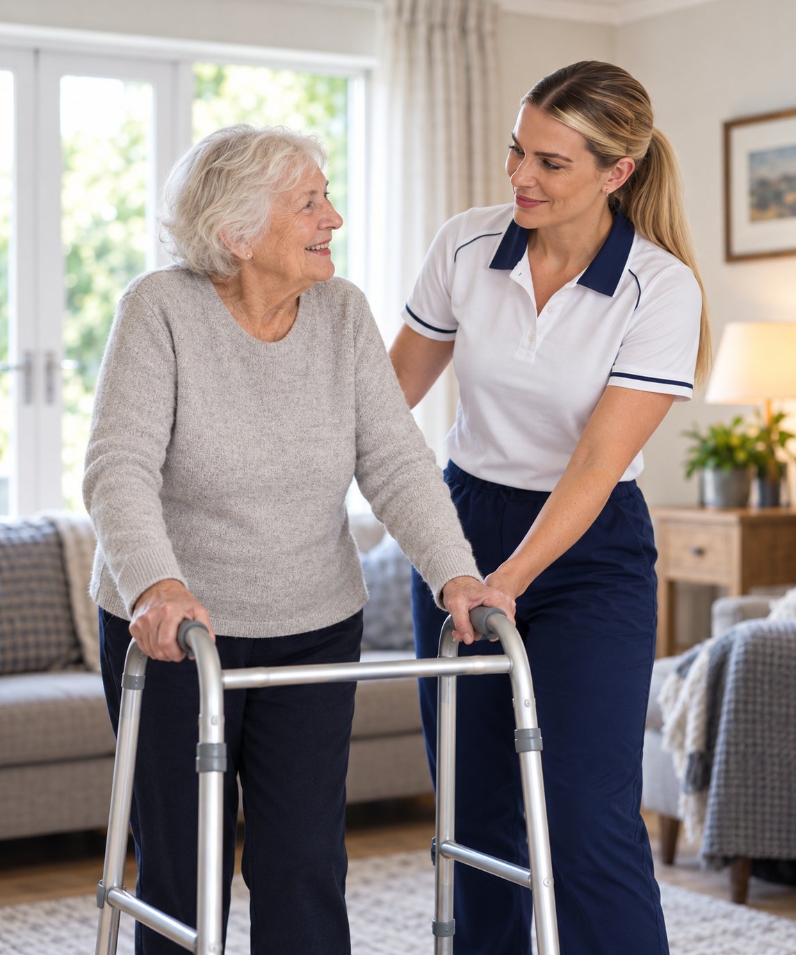 Ellie supporting an older woman walking with a frame in her own home
