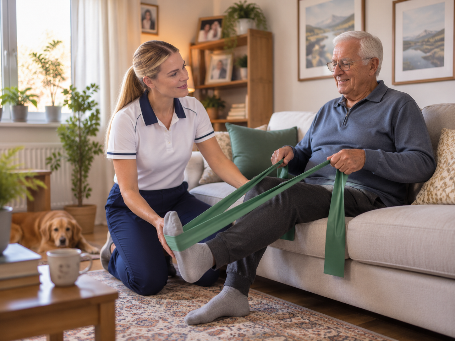 Ellie guiding a seated leg exercise with a resistance band at a client's home in Surrey